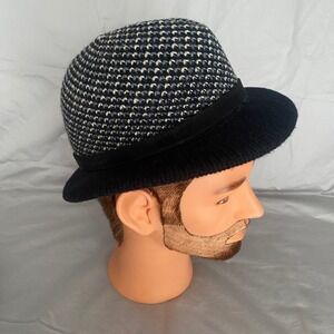 vintage Hansen Knit Hat Mens Womens Black Gray Patterned Fedora Style